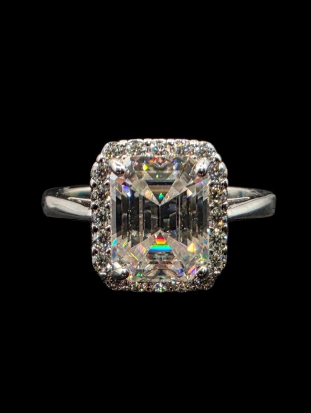 3.38 CTW Emerald Cut Moissanite Halo Ring Solid 925 Sterling Silver Sz 7